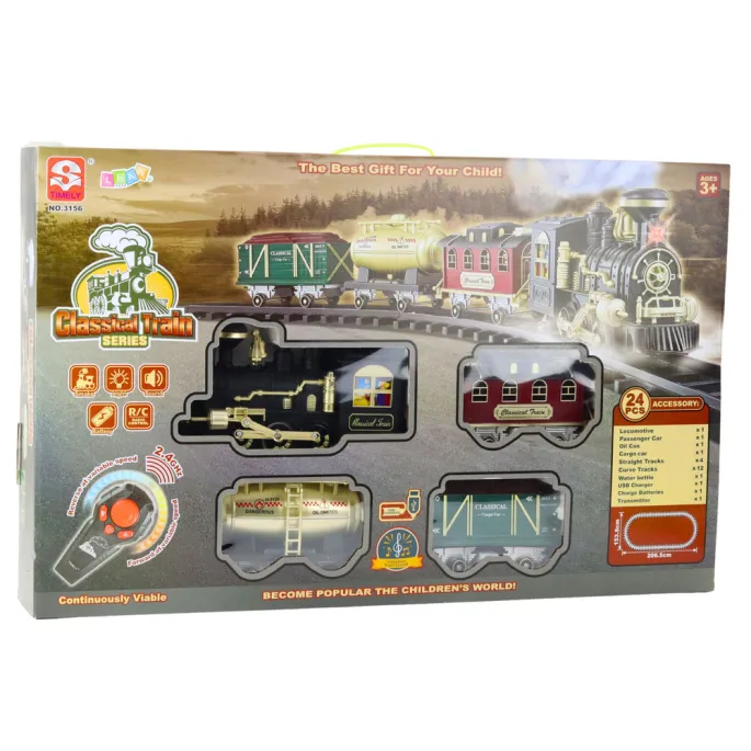 Wagony klasycznego pociągu połączone na owalnym torze