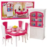 widok całego zestawu jadalni dla lalek z mebelkami i zastawą