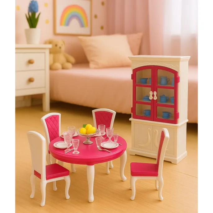 duży stół z krzesłami przygotowany do posiłku dla lalek