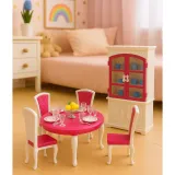 duży stół z krzesłami przygotowany do posiłku dla lalek