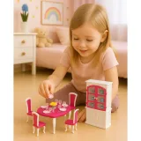 zestaw różowo-białych naczyń i sztućców do zabawy dla lalek