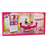 elementy zestawu do jadalni ułożone w domku dla lalek