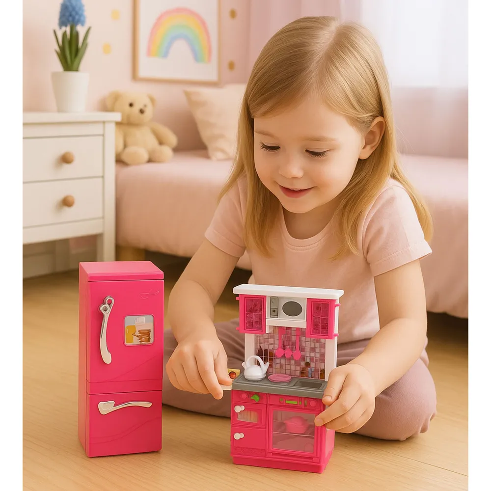 Szczegółowy widok na piekarnik i zlew w zestawie kuchni dla lalek