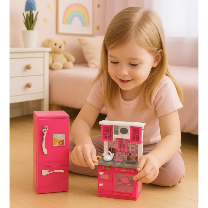 Szczegółowy widok na piekarnik i zlew w zestawie kuchni dla lalek