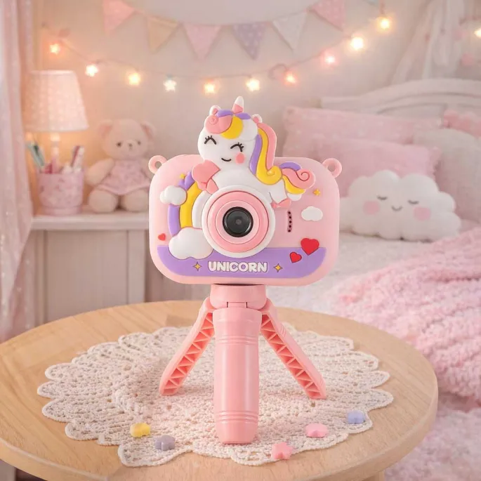 kolorowy aparat na statywie dla dzieci w scenerii do kreatywnej zabawy