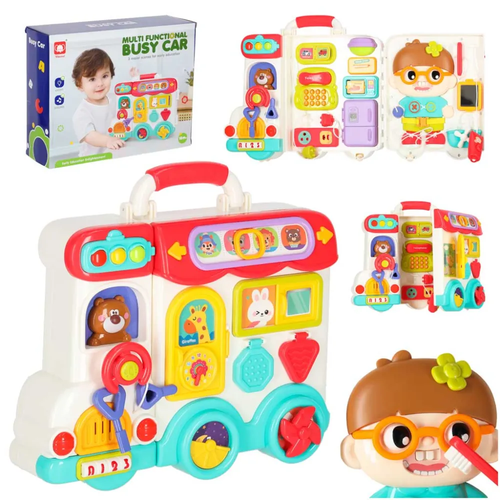 Rozkładana walizka zabawka edukacyjna z kierownicą i pokrętłami