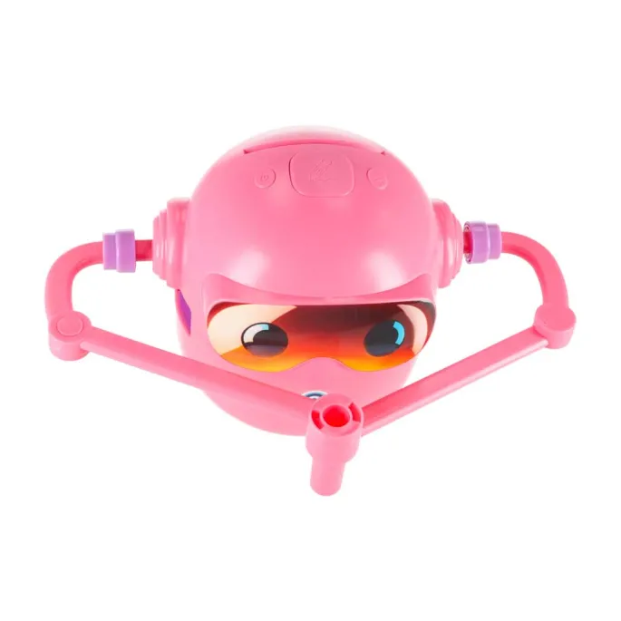 różowy robot z dołączonymi flamastrami na białym tle