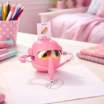 dziecko korzystające z różowego robota do nauki rysowania