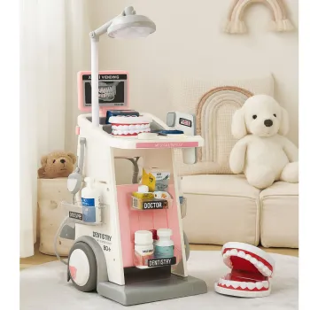 Model wózka na kółkach z zabawkowymi lekami i akcesoriami lekarza