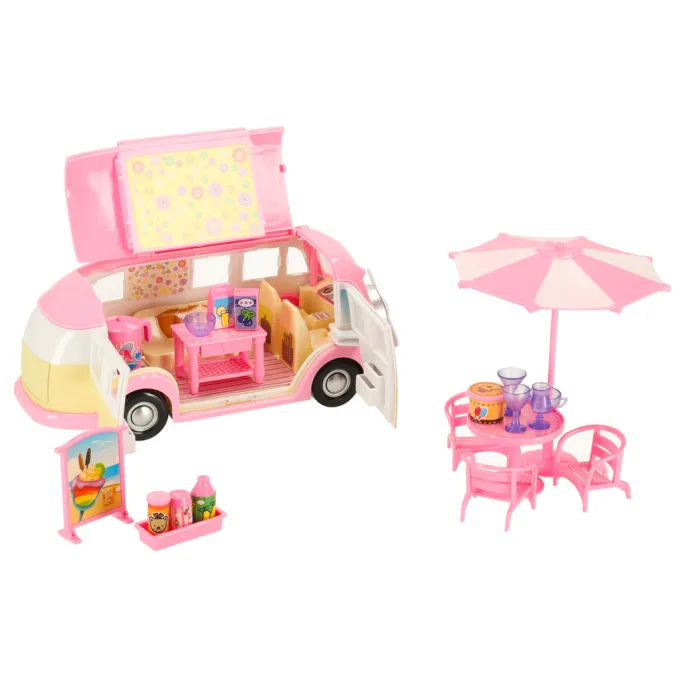 Zapakowany samochód lodziarnia w kartonie z okienkiem do przechowywania