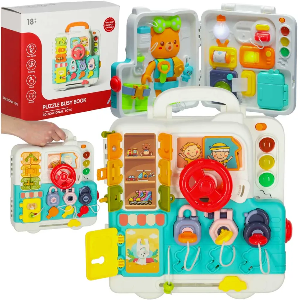 tablica manipulacyjna montessori w kształcie misia XXL z elementami sensorycznymi