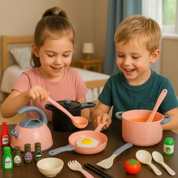 miseczki oraz sztućce z zestawu kuchennego w przyjaznych kolorach