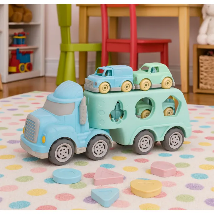małe pastelowe autka umieszczone na górze transportera