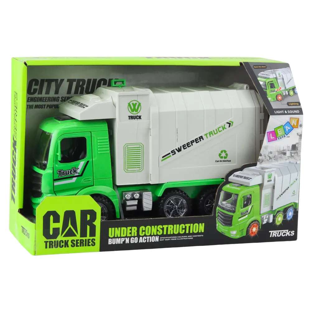 cała ciężarówka śmieciarka z zestawu, zielono-biała