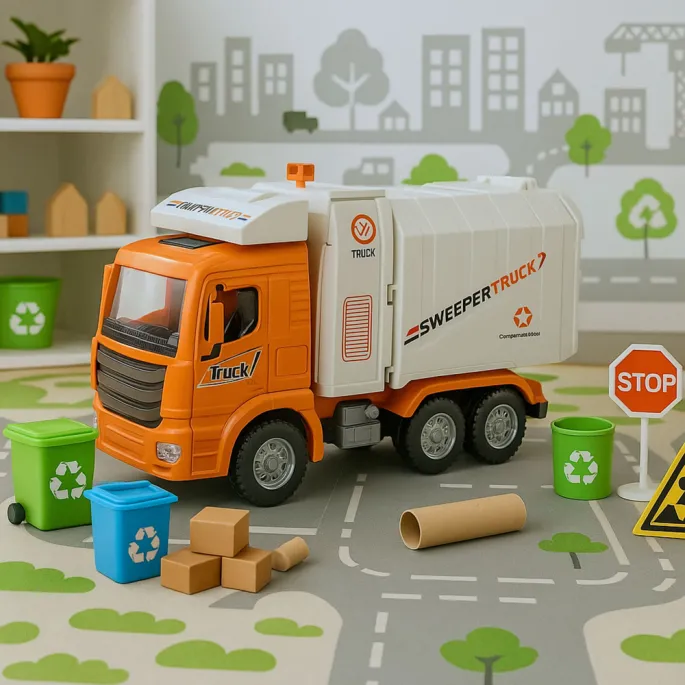 widok z boku na pomarańczowo-białą śmieciarkę zabawkę