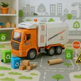 widok z boku na pomarańczowo-białą śmieciarkę zabawkę