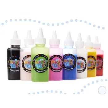 różnokolorowe kleje, foremki i granulat do zabawy kreatywnej