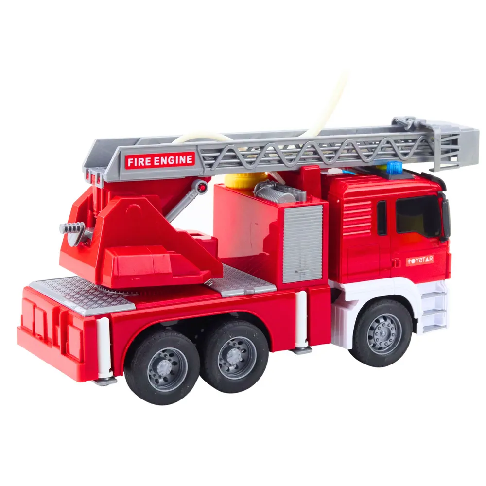 Widok pojazdu strażackiego z gumowymi oponami na tle opakowania