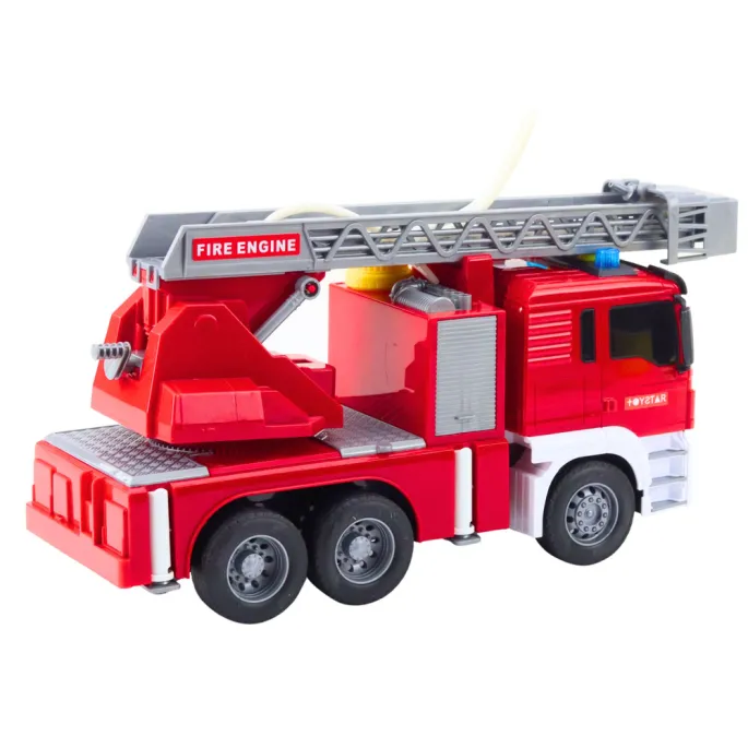 Widok pojazdu strażackiego z gumowymi oponami na tle opakowania