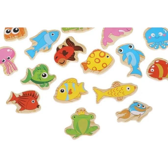 zestaw łowienie rybek ułożony do zabawy na jasnym stole