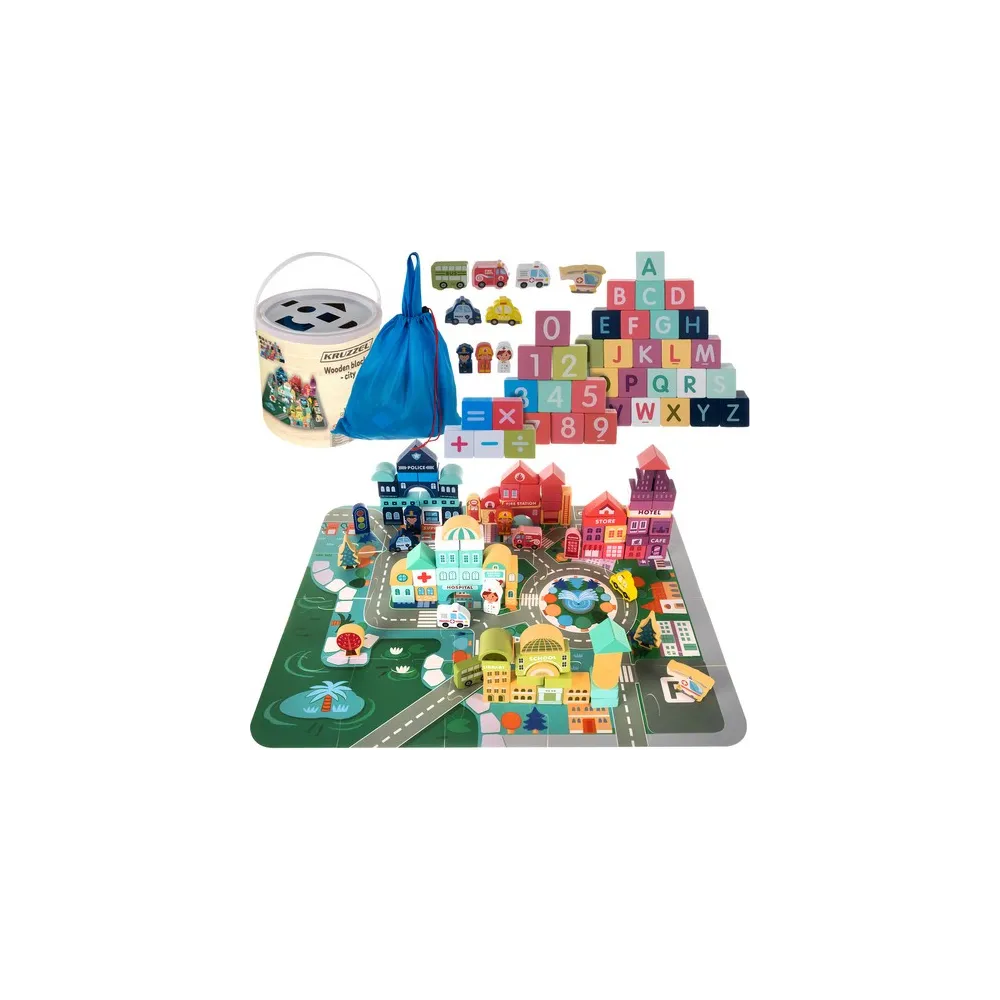 drewniane klocki miasto rozłożone na macie z puzzli