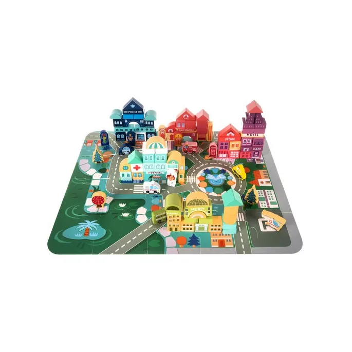 cały zestaw klocków z puzzlami ulicy rozłożony na podłodze