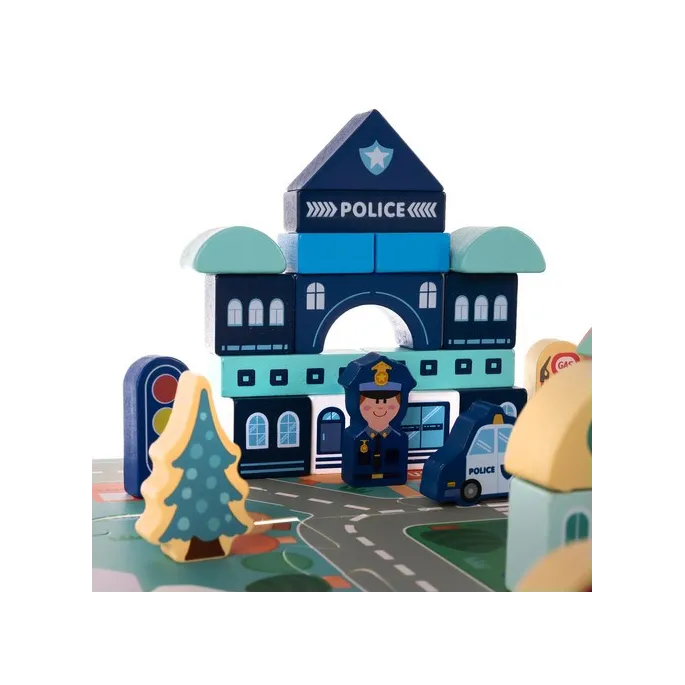 zbliżenie na detale kolorowych elementów budynków i drzewek