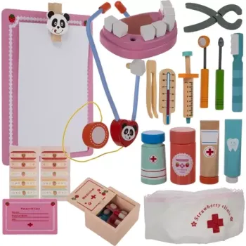 wielokolorowy zestaw lekarski z notatnikiem, syropem i tabletkami