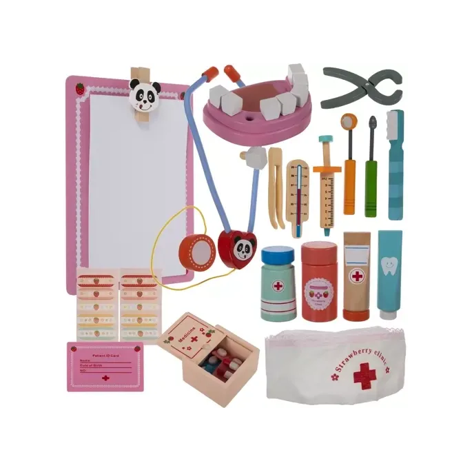 wielokolorowy zestaw lekarski z notatnikiem, syropem i tabletkami