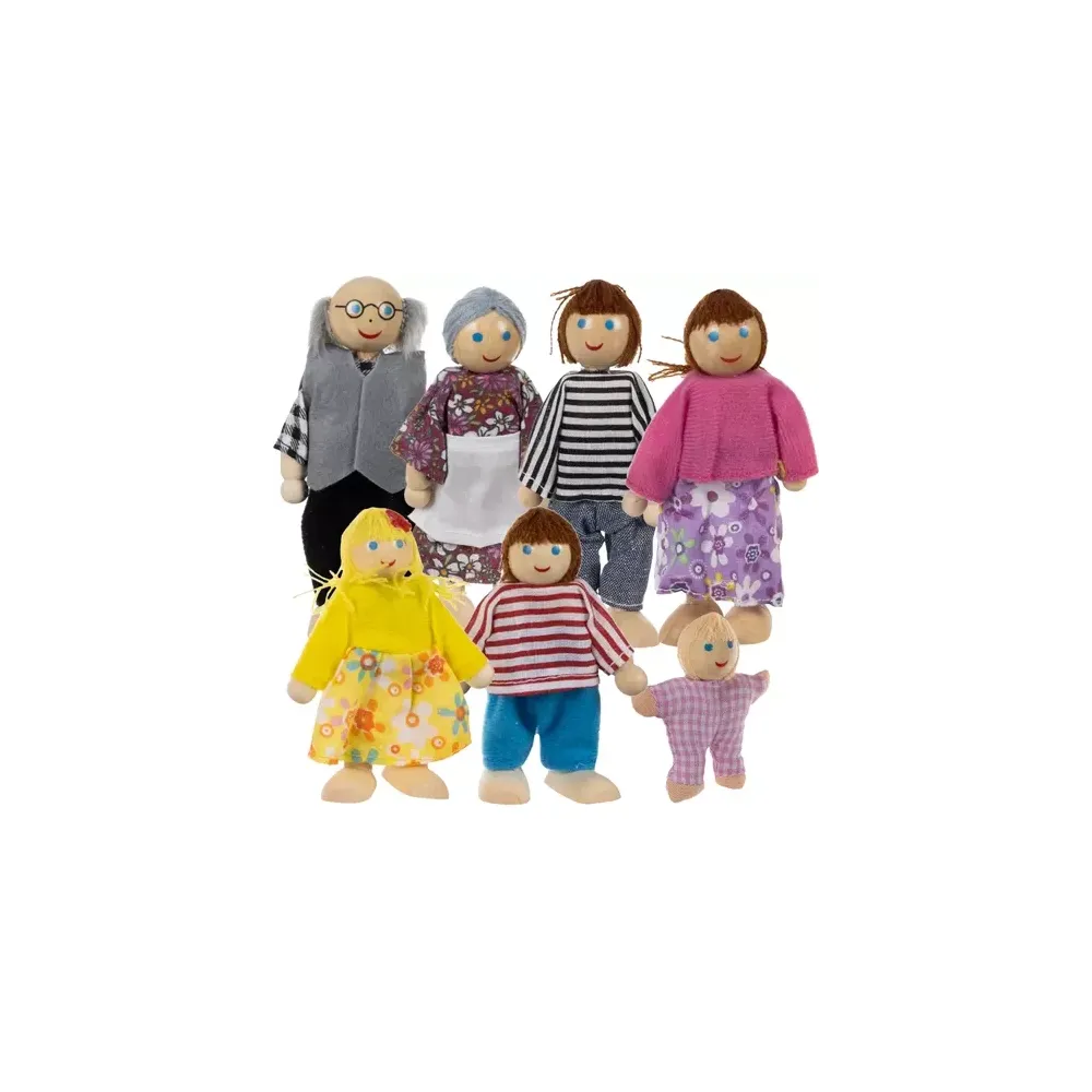 zestaw siedmiu miniaturowych lalek z drewna na białym tle