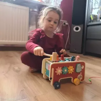 Wielokolorowy drewniany słoń-wbijak w perspektywie z przodu