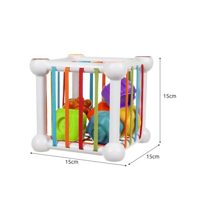 Widok sześciu klocków-grzechotek dołączonych do kostki