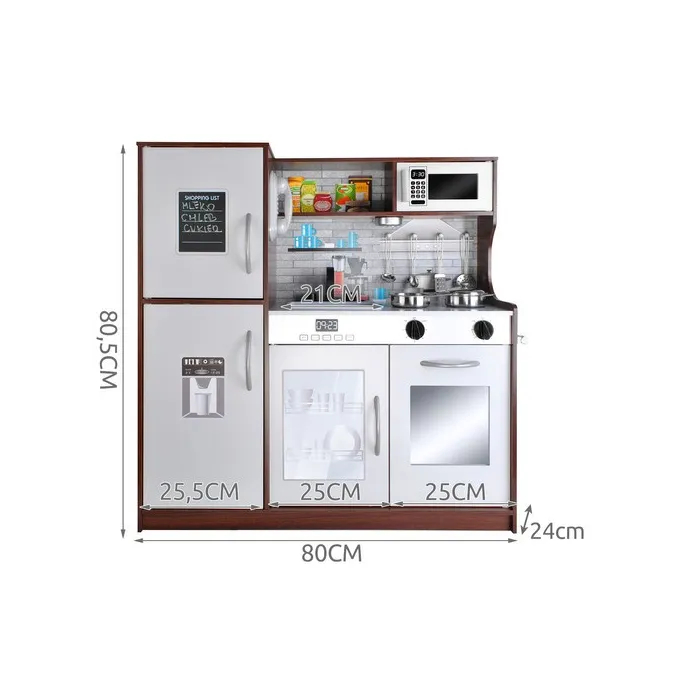 Widok kuchni dla dzieci z otwartym piekarnikiem i akcesoriami