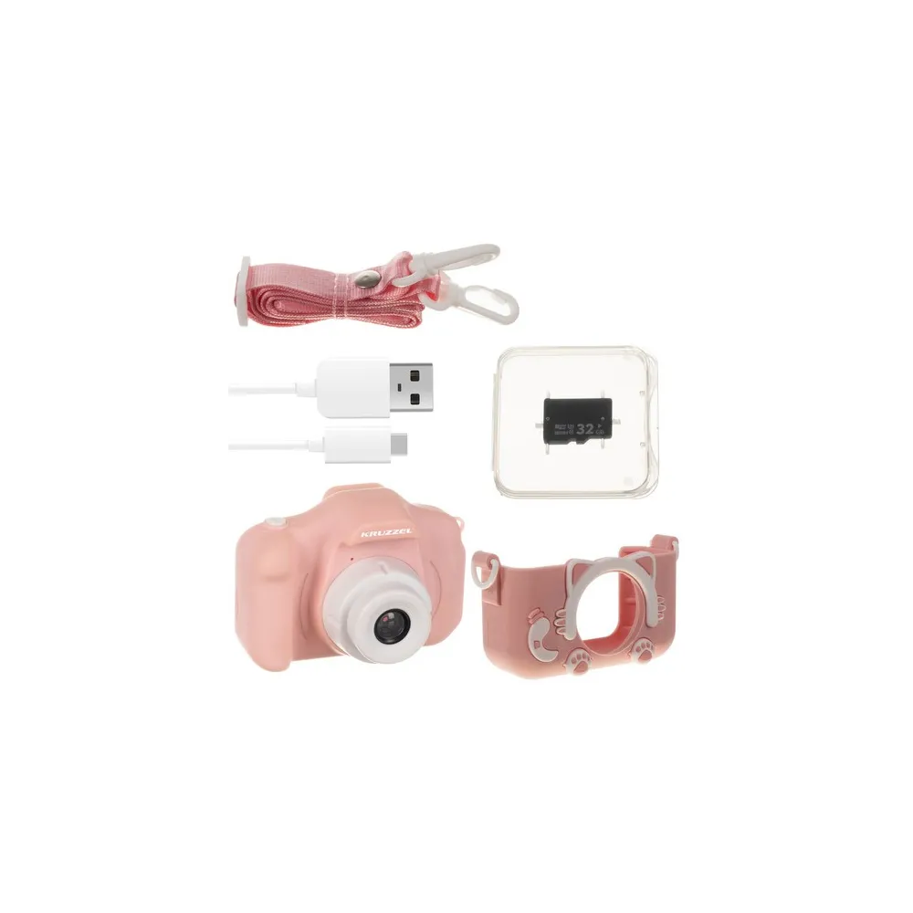 Różowy aparat dziecięcy uchwycony na białym tle z detalem obudowy