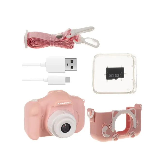 Różowy aparat dziecięcy uchwycony na białym tle z detalem obudowy