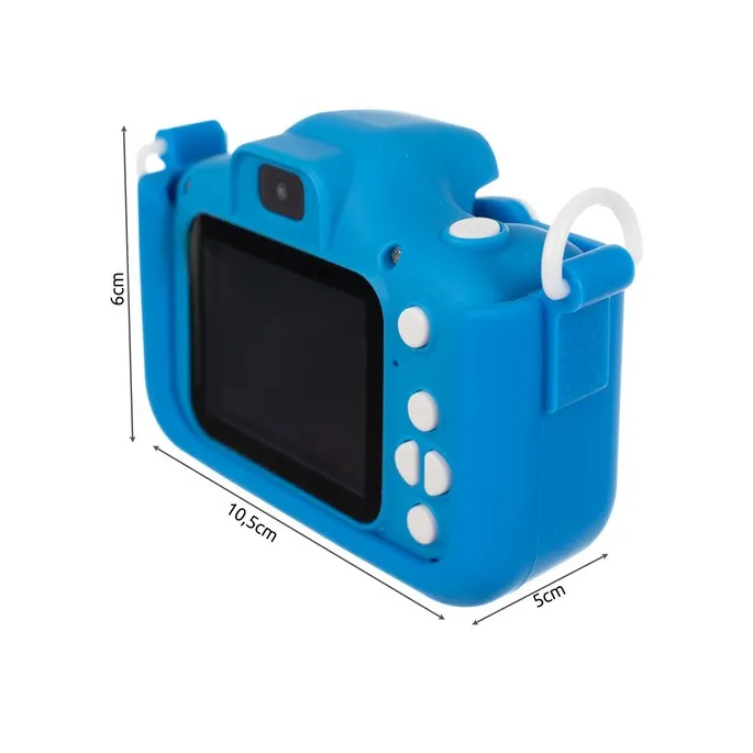 Zbliżenie na niebieski aparat Kruzzel AC22295 z założoną smyczą