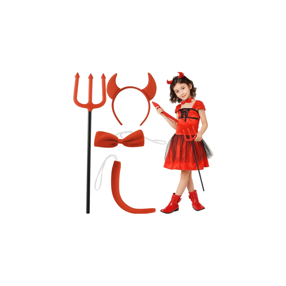 kostium diabełka z widłami, rogami, muszką i ogonem na białym tle
