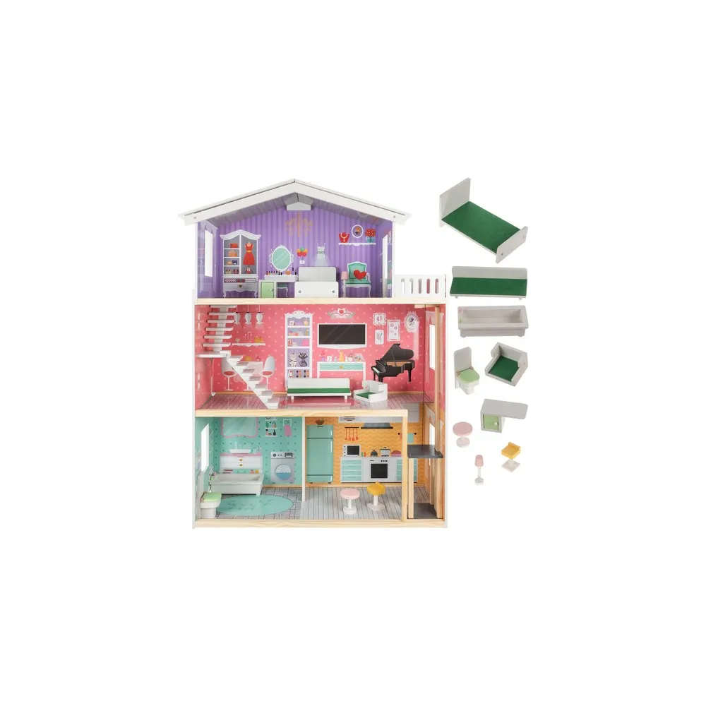 Drewniany domek dla lalek Kruzzel widok od frontu na trzy poziomy