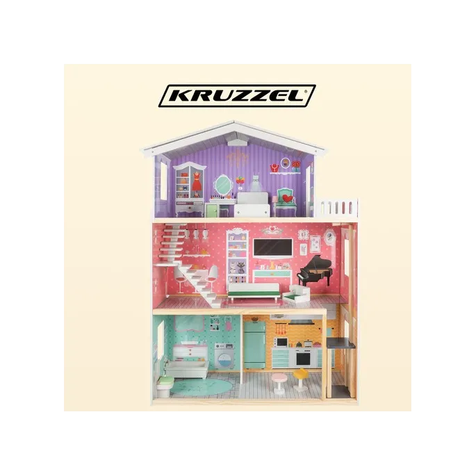 Kolorowy domek dla lalek 114 cm z balkonem i windą w wyposażeniu