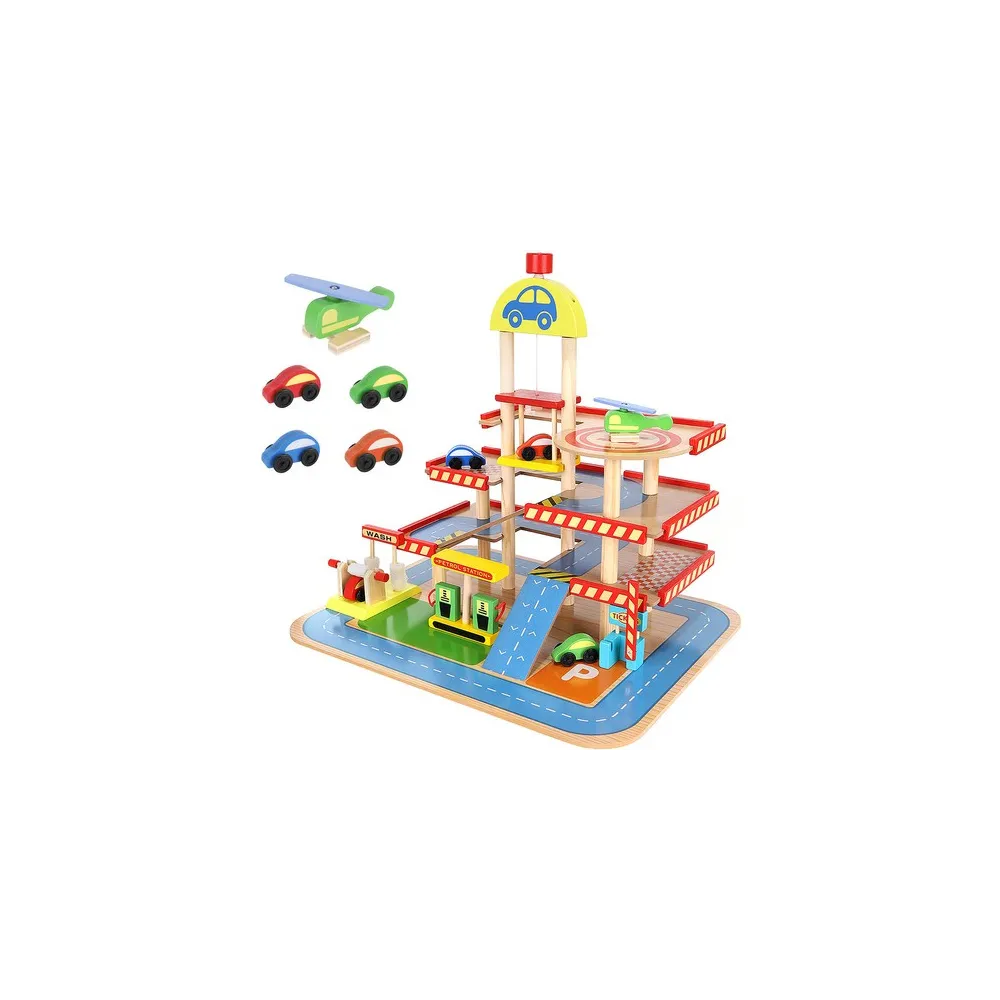 drewniany parking garaż z samochodzikami widok z przodu