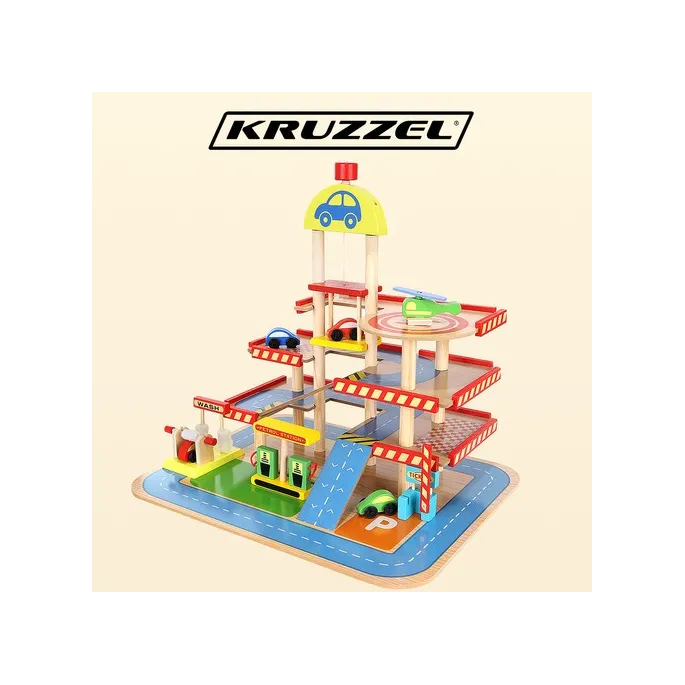 czteropoziomowy drewniany garaż dla dzieci z akcesoriami