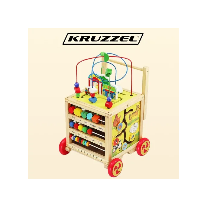 widok pchacza drewnianego z rączką oraz interaktywną kostką