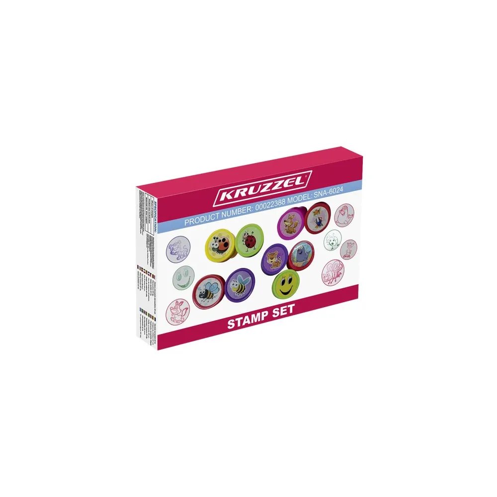 Kolorowe stempelki z motywami zwierząt i buziek w pudełku