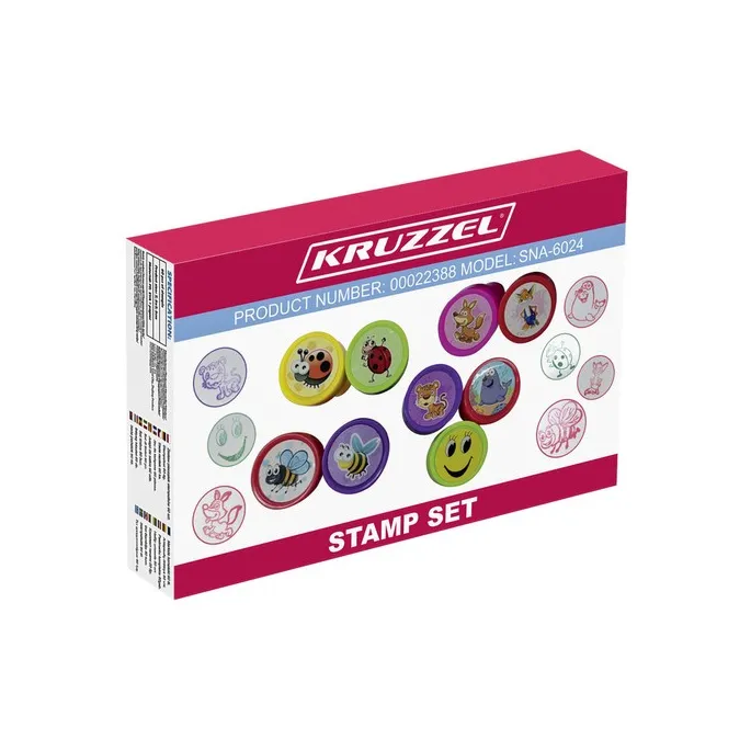 Kolorowe stempelki z motywami zwierząt i buziek w pudełku