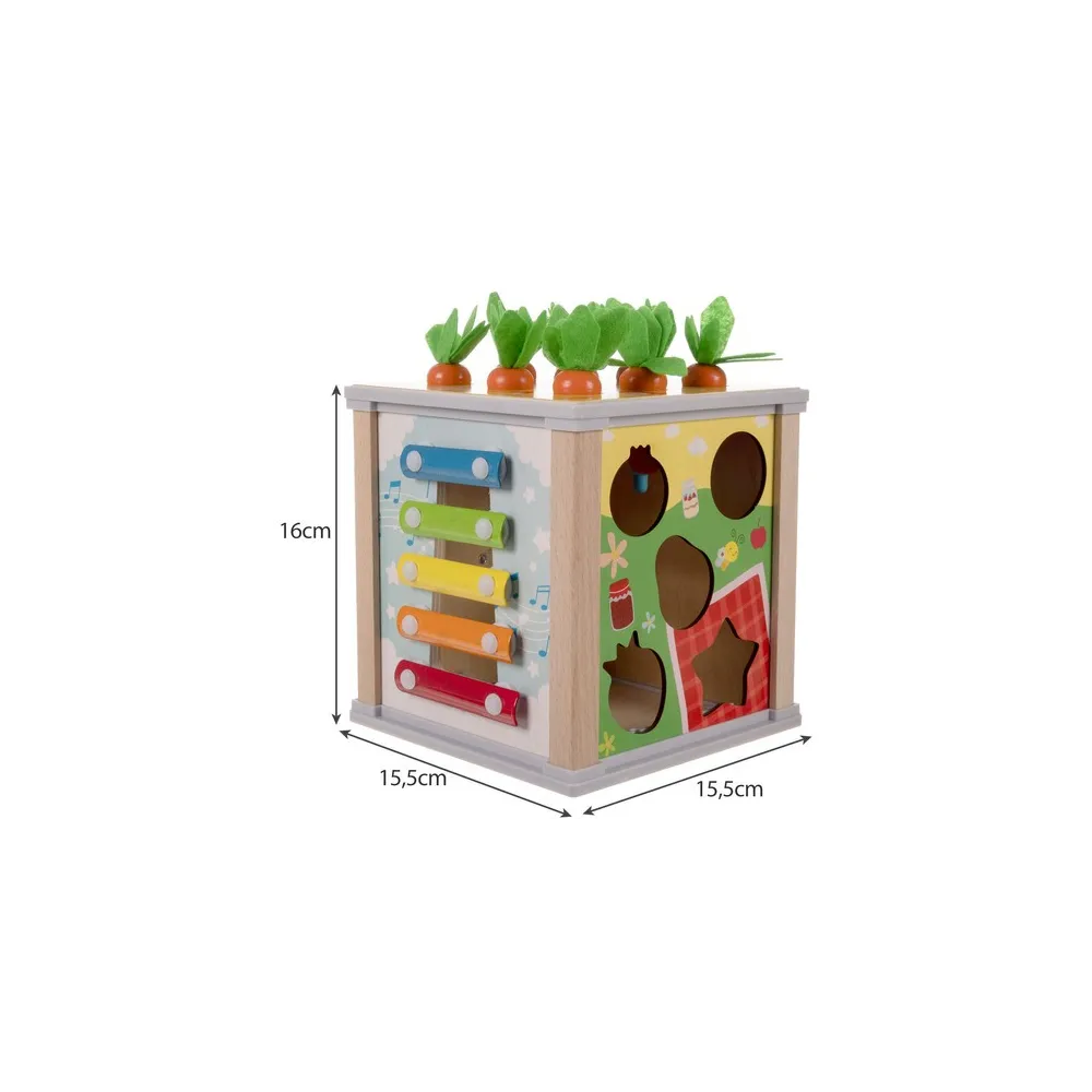 pięć ścianek z różnymi zabawkami na kostce edukacyjnej