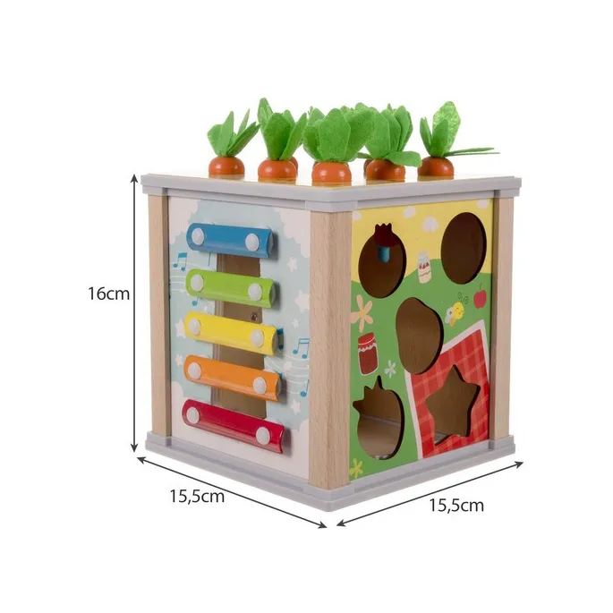 pięć ścianek z różnymi zabawkami na kostce edukacyjnej