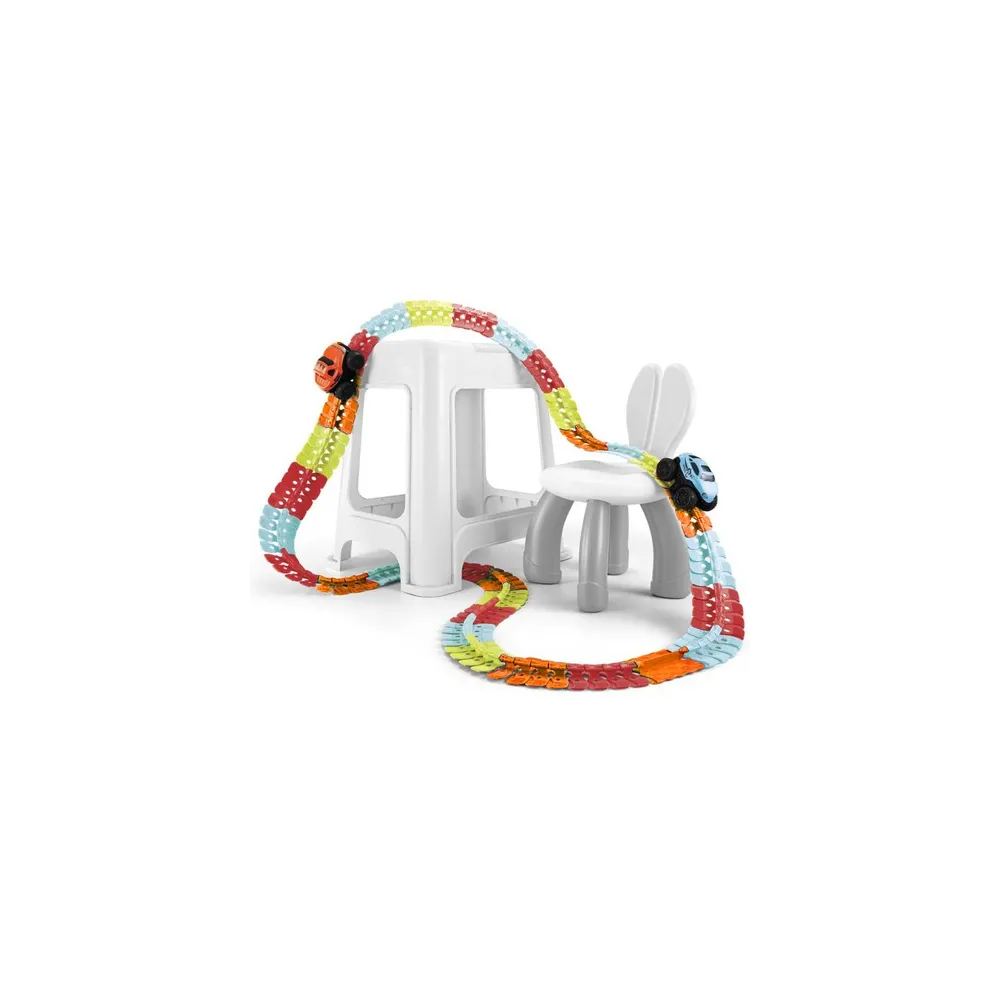 zestaw autka i dwóch kabin w kolorach czerwonym i niebieskim