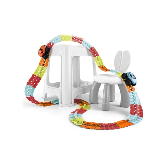 zestaw autka i dwóch kabin w kolorach czerwonym i niebieskim