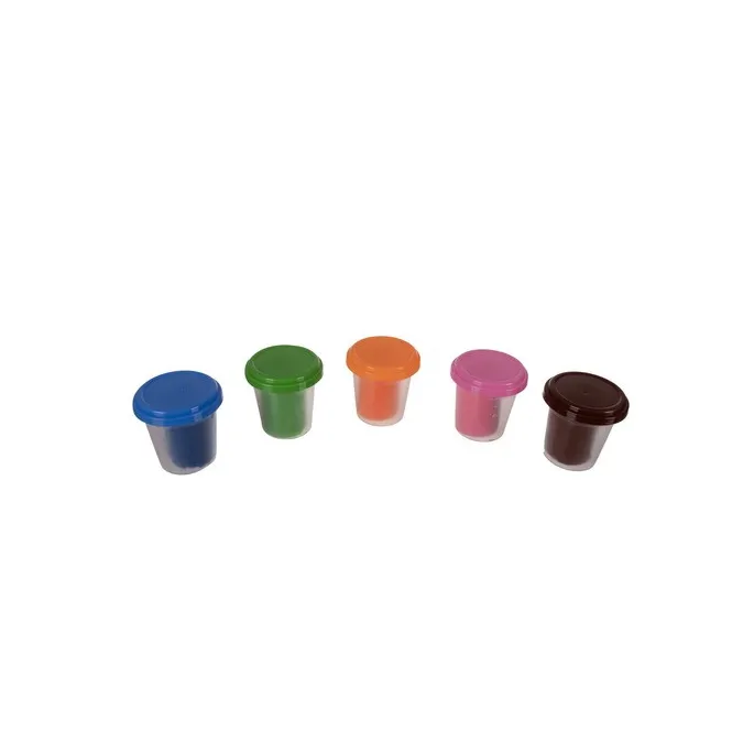 pięć różnych kolorów masy plastycznej w pojemnikach