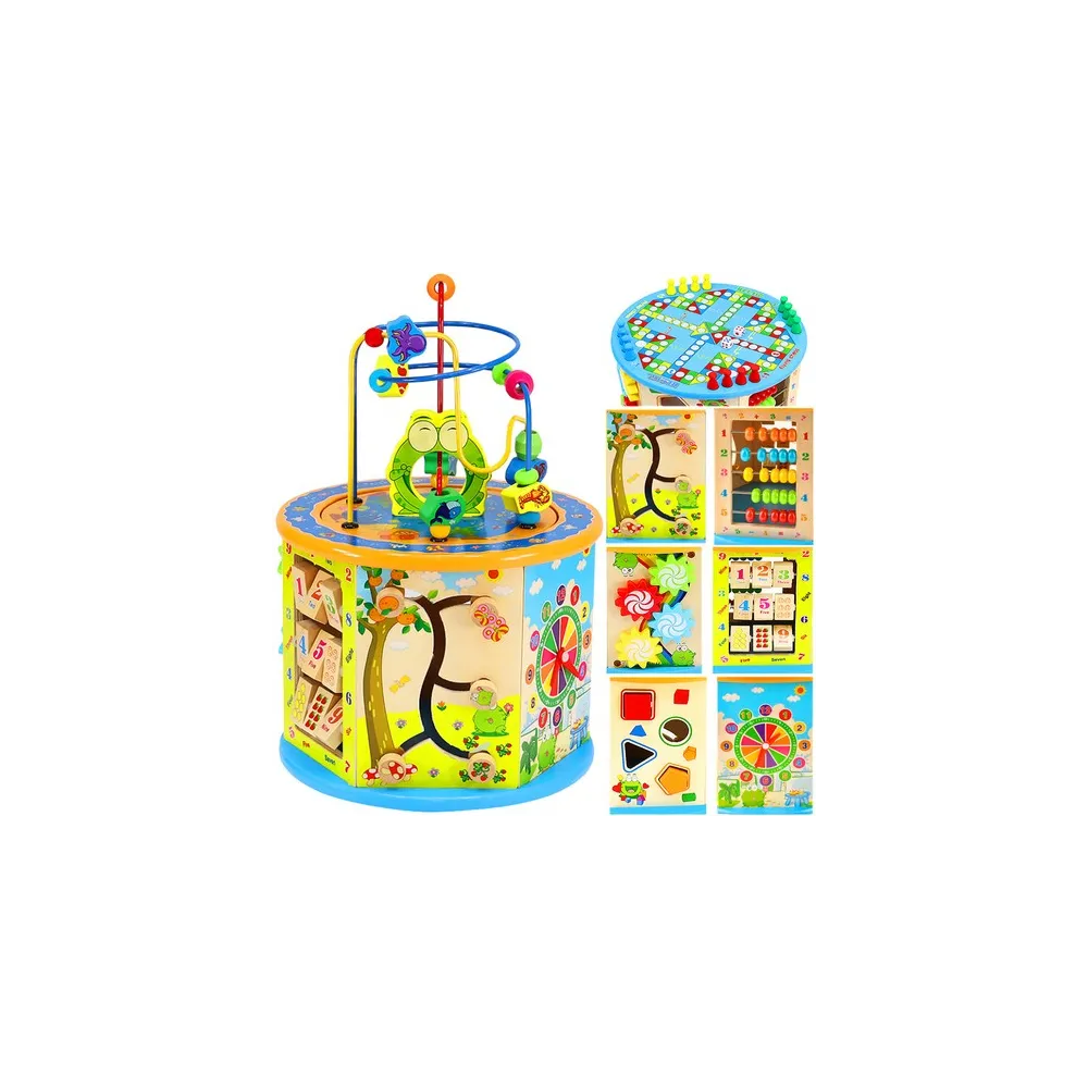 drewniana kostka edukacyjna 8w1 na białym tle